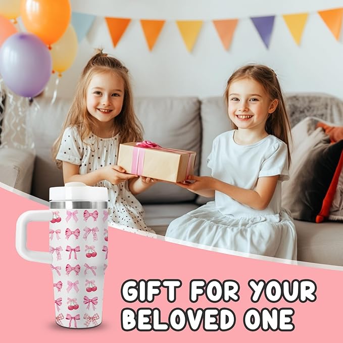 Bow Gifts for Girls - 14oz Pink Kids Bowknot Themed Tumbler with Handle and Straw, Stainless Steel Insulated Water Cup, for Sport, School, Travel - Cute Pink Bow Themed Children Birthday Gift Cup(1pc)