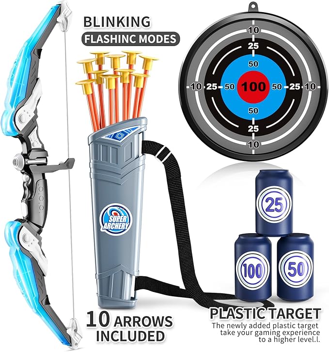 TEMI Bow and Arrow Set for Kids - Archery Toy Set - LED Light Up with Suction Cup Arrows, Target & Quiver, Indoor and Outdoor Toys for Children Boys Girls