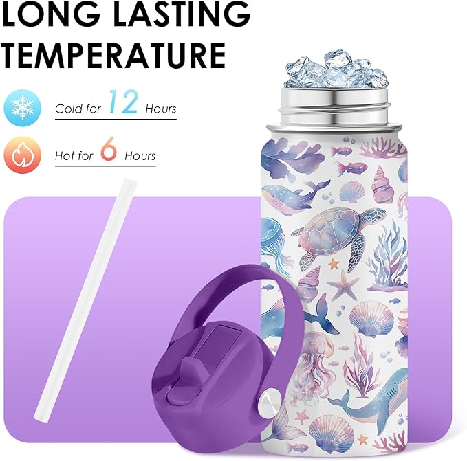 Ocean Gifts for Kids - 16 Oz Purple Water Bottle with Straw Lid, Stainless Steel Insulated Tumbler, Leak Proof, BPA-Free, for Girls & Boys, School, Beach - Marine Life Lovers Birthday Gifts (1pc)
