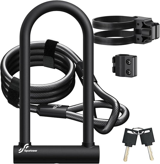 Sportneer Bike Lock: Heavy Duty Bike U Lock with 6ft Security Steel Cable - 18mm Shackle Bicycle U-Locks with Keys and Sturdy Mounting Bracket for Road Mountain Bike Bicycle, Size 11.5''x6.25''