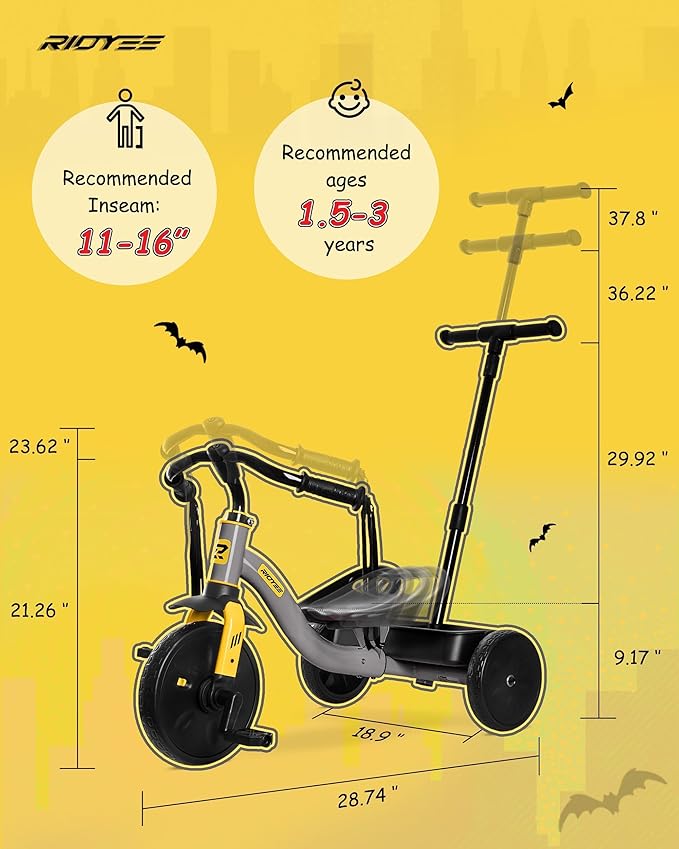 2-in-1 Tricycle for Toddlers Ages 1.5–3, Trike with Extended Push Handle, Removable Wagon-Style Basket, Adjustable Handlebar with Tassels, and Fore-AFT Adjustable Seat, Grey
