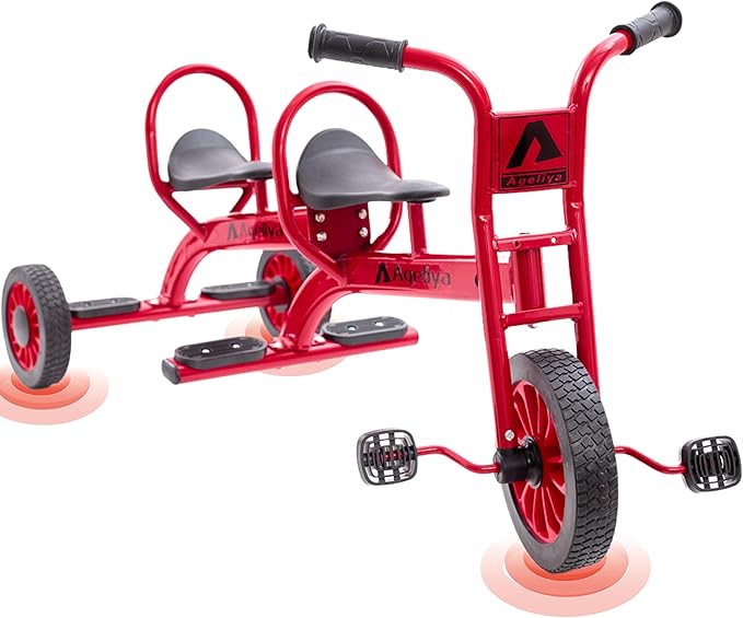 Tandem Tricycles for Kids 5-7 Year Olds, 2 Seater Preschool Pedal Kids' Trike with Solid Rubber Tires & Sturdy Metal Frame, Elementary School Daycare Kindergarten Outdoor Playground Equipment