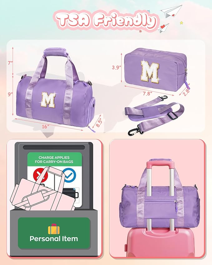 Tween Girls Gifts Trendy Stuff-Girl Gym Bag with Shoe Compartment, Kid Personalized Weekender Overnight Bags, Initial Travel Tote with Makeup Pouch, Preppy Things for Kids (Letter E)