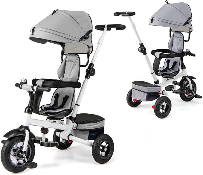 Costzon 5-in-1 Folding Kids Tricycle with Adjustable Push Handle & Canopy, Reversible Seat and Safety Harness, Push Trike with Storage for Toddler Aged 1-5 Years Old, Blue/Gray/Pink