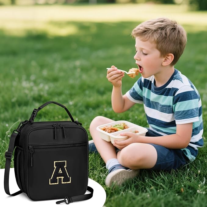 Initial Insulated Lunch Bag for Boys Kids, Back to School Gift, Reusable Leak-proof Lunch Box with Adjustable Strap for School Daycare Travel Picnic（Black，A）