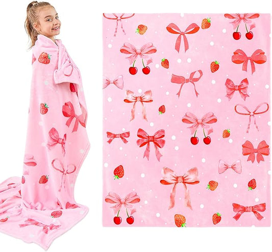 Wajade Strawberry Bow Gifts for Boys Girls - Strawberry Bow Blanket Birthday Christmas Decor for Kids Age 3 4 5 6 7 8 9 10 11 12 Years Old Teens Child Toddler Throw Light Grey 50"x60"
