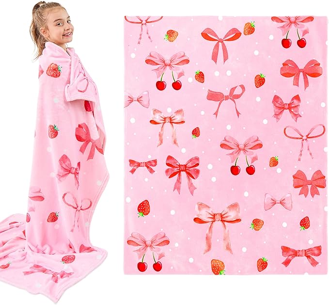 Wajade Strawberry Bow Gifts for Boys Girls - Strawberry Bow Blanket Birthday Christmas Decor for Kids Age 3 4 5 6 7 8 9 10 11 12 Years Old Teens Child Toddler Throw Light Grey 60"x80"