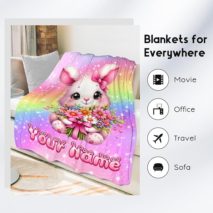 Personalized Blanket for Kids, Bunny Blanket for Girls, Custom Gifts for Toddler Daughter, Rainbow Throws Decor, 4 Size