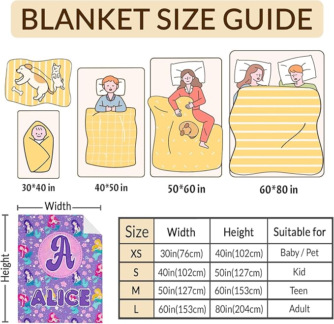 Kids Girls Blankets Gift, Personalized Mermaid Blanket with Initial Monogram Name for Kids Toddlers Girls Age 6-8, Soft Cozy Flannel Throw for Sofa Bed Couch Decor