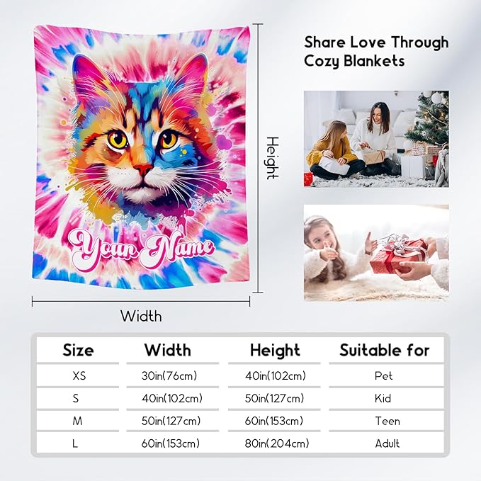UNIKITTY Girls Blanket, Cat Blanket Gifts for Girls Toddlers, Personalized Rainbow Throw, Custom Flannel Kids Throws with Cat On It (4 Sizes)