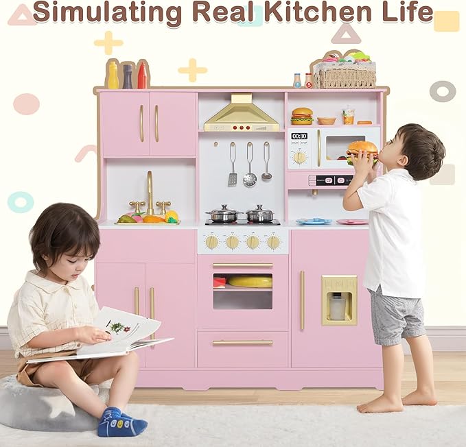 Kids Kitchen Playset, Wooden Play Kitchen with Toy Storage System, Pretend Play Kitchen Set Toy with Range Hood, Ice Maker & Coffee Maker, for Kids Ages 3+, Pink