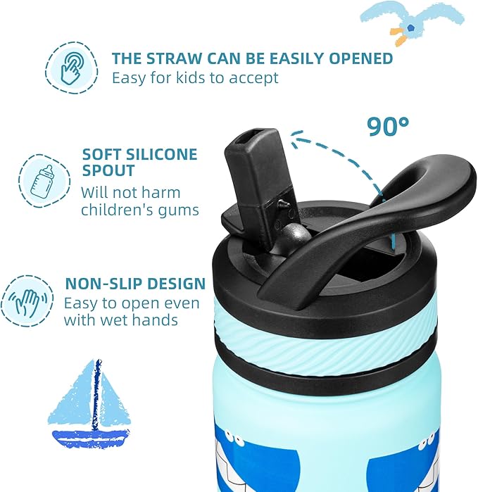 Fanhaw 14 Oz Kids Insulated Water Bottle with Straw - Stainless Steel Double Wall Vacuum Cup, Leakproof, BPA Free, Suitable for Boys and Girls(Pale Blue - Big Shark)