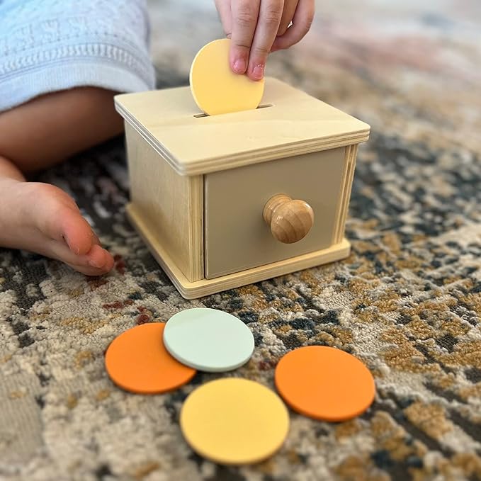 Montessori Coin Box, Montessori Toys for 1 Year Old Toddler Coins, Baby Wooden Toy Ball Infant Drawer Drop, 1+ Baby Essentials Object Permanence Learning