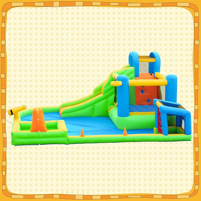 FBSPORT Inflatable Bounce House, 9 in 1 Water Slide with Blower, Bouncy House for Kids Indoor Outdoor Wet Dry Combo Water Bounce House with Football Shooting, Water Gun, Splash Pool, Bounce Area, Hose