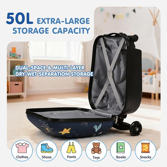 smilesun 4-in-1 Detachable Scooter Luggage for Kids & Teens, Hardside Ride-On Suitcase with Dinosaur Design, Lightweight Foldable, Perfect Travel Gift for Boys(Navy Blue 22-inch)
