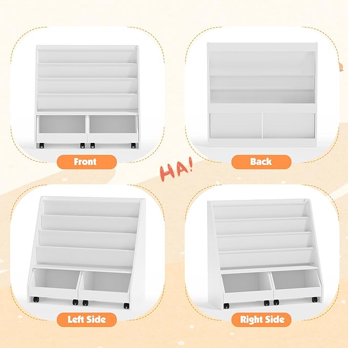 Kids Bookshelf with Two Movable Drawers Toddler Bookcase with Toy Storage Organizer Child Sling Book Rack Baby Cabinet Chest with Wheels for Nursery,Playroom,Bedroom,Living Room,Classroom