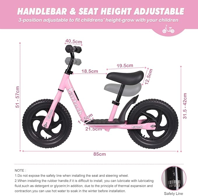 Birtech Balance Bike for 2-5 Year Old, 12 Inch Toddler Bike No Pedal Training Bicycle with Adjustable Seat Height, Airless Tire (Pink)