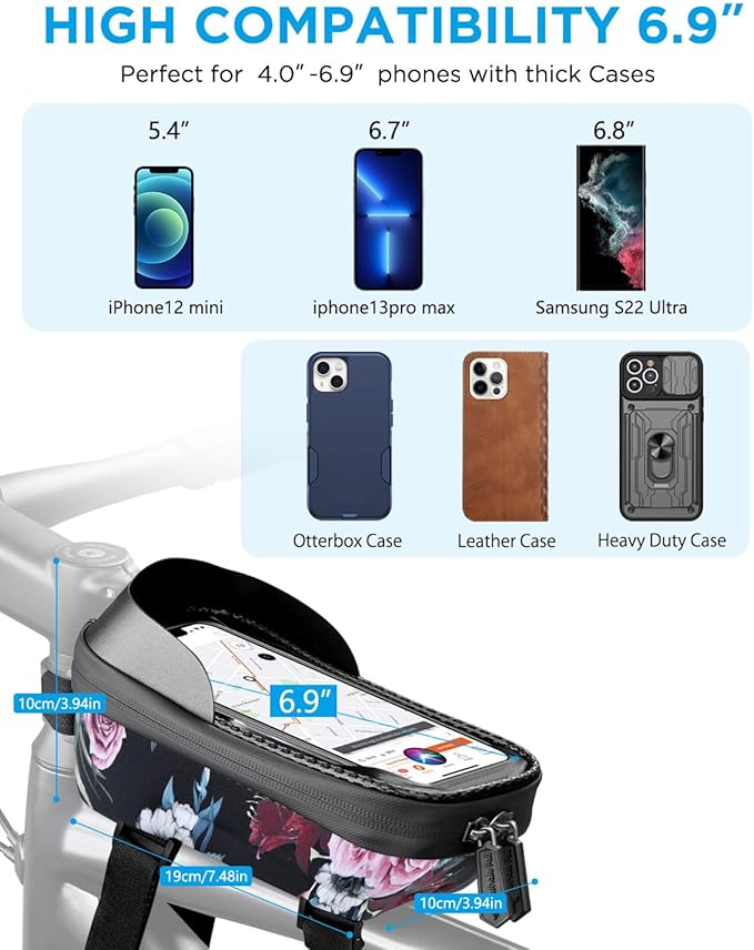 whale fall Hard Casing Floral Bike Bag, Never Deform/Waterproof, Bike Phone Mount with 0.25mm Sensitive TPU Touch-Screen, with Rain Cover for Phones under 6.9''