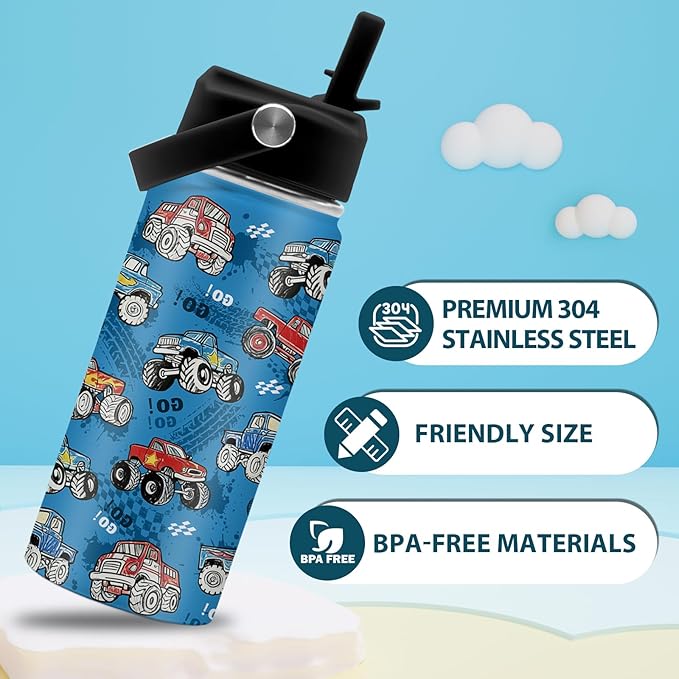 Trucks Gifts for Boy Truck Lovers, 16 oz Water Bottles with Straw Lid, Stainless Steel Insulated Tumbler, Truck Cup Gifts for Birthday Christmas