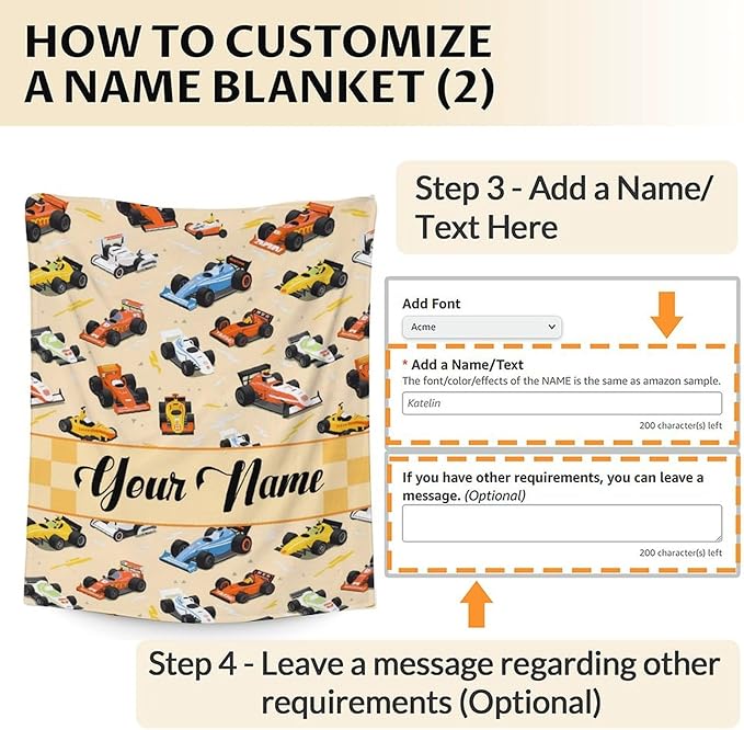 Personalized Cars Blankets for Boys, Custom Racing Car Blanket Gifts with Name for Cars Lovers, Yellow 30x40 Inches Cute Soft Fuzzy Throws for Couch, Sofa & Bed