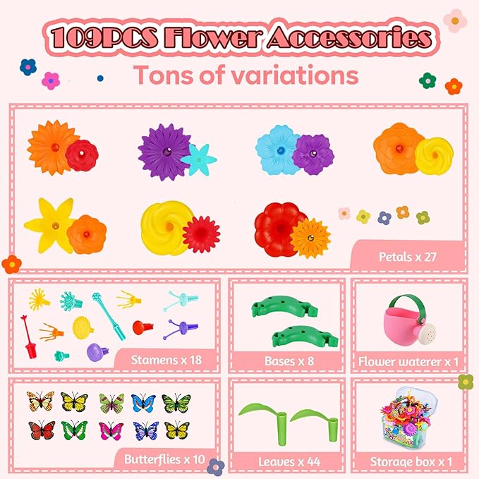 FUNZBO 109pcs Flower Garden Building Toy Set - Christmas Spring Toys for 3 4 5 6 7 Years Old Girl, STEM Montessori Educational Toy for Kid Toddler, Sorting & Stacking Building Block Birthday Gift