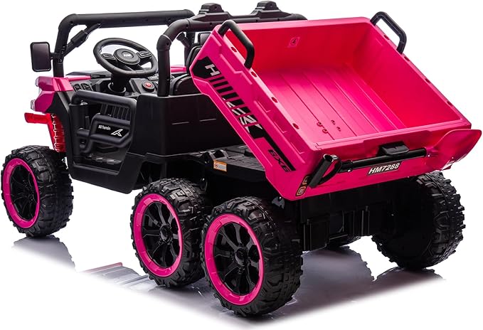 24V UTV 2 Seater Dump Truck with Remote Control, Electric Dump Bed, 4WD Power Ride on Truck Cars 6x6 Wheels, Music, Storage Trunk, Shovel for Kids-Pink