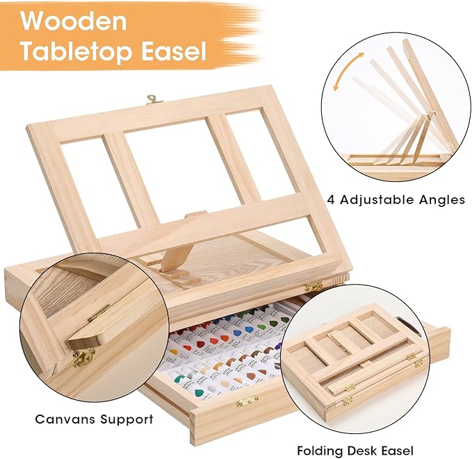 Painting Supplies Set, 49 Pieces Watercolor Painting Kit with Wooden Tabletop Easel, Includes Watercolor Paints, Brushes, Palette, Canvas Panels and Painting Pads, for Artists, Student, Adults, Kids