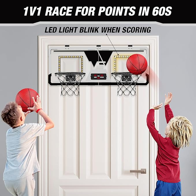 2 Player Basketball Game, Dual Shot Over The Door Mini Basketball Hoop Indoor with Scoreboard & LED, Basketball Toy Gifts for Kids Boys Girls Adults, Suit for Bedroom/Office/Outdoor/Pool, Black