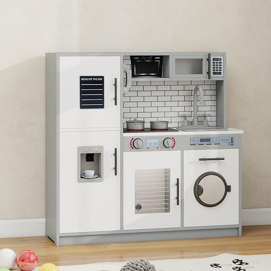 Kids Kitchen Playset with Lights & Sounds, Wooden Play Kitchen with Sink, Washing Machine, Ice Maker & Pretend Play Accessories, Educational Toy Kitchen Set for Toddlers, White