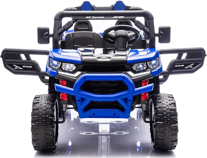 24V UTV 2 Seater Dump Truck with Remote Control, Electric Dump Bed, 4WD Power Ride on Truck Cars 6x6 Wheels, Music, Storage Trunk, Shovel for Kids-Blue