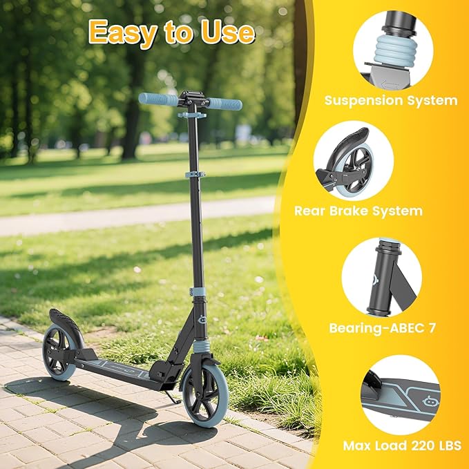 SIMATE Kick Scooter for Kids Teens & Adults, 3 Adjustable Heights, 8IN All Terrain Big Wheels, Dual Suspension, Foldable and Lightweight, Gifts for Girls Boys