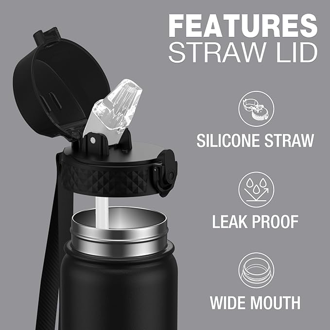 Kids Water Bottle, GOPPUS 14 Oz Stainless Steel Travel Bottle, Double Wall Vacuum Leak Proof Kids Cup for School Boys Girls, Black