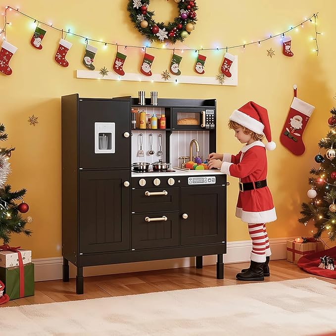 Arlopu Play Kitchen for Kids, Wooden Toy Toddler Kitchen Sets, Sturdy Pretend Cooking Playset with Storage & Accessories, Realistic Light & Sound, Stove, Fridge, Microwave, Removable Sink (Black)