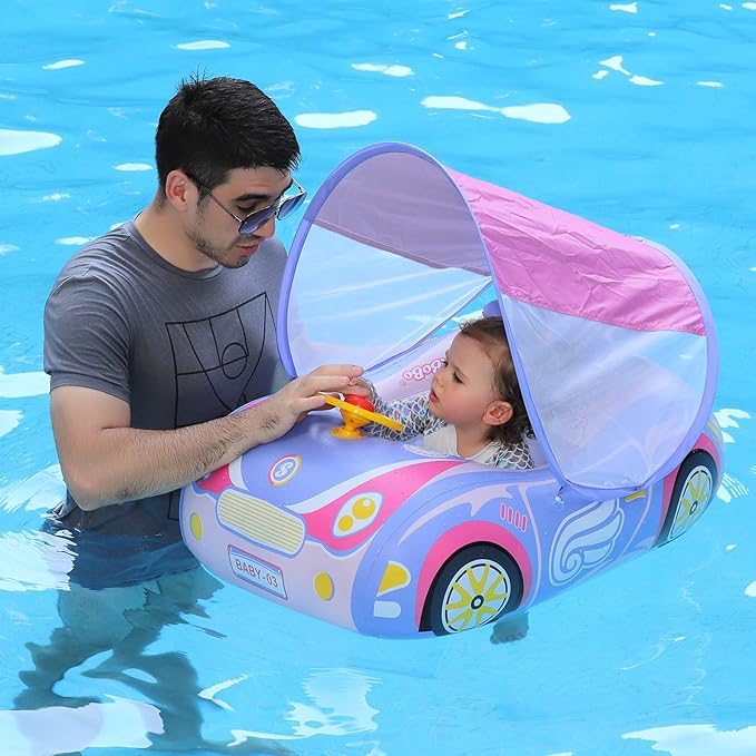 Swimbobo Toddler Pool Float Inflatable Car Baby Swim Float with Adjustable Sun Canopy and Safety Seat Pool Toys for Kids 3+ Years Old