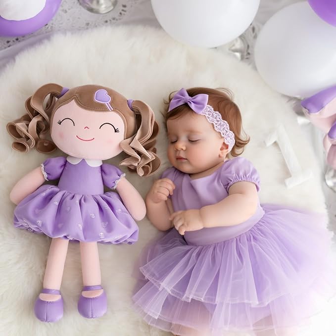Gloveleya Baby Doll Gifts Plush Curly Girl Toys with Love Purple Light Skin