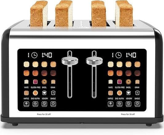 4 Slice Toaster Touch Screen, Stainless Steel Toasters Digital Timer, Dual Control Panel Toasters, 8 Shade Settings 6 Bread Types for Bagel, Cancel, Defrost 1650W Black