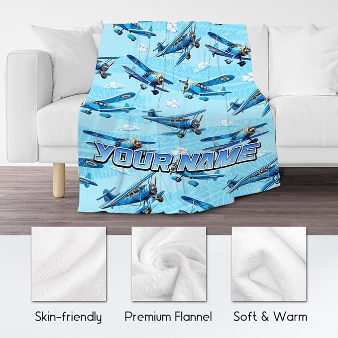 Personalized Blanket for Kids Airplane Gifts for Boys - Custom Soft Warm Fleece Throws with Name for Toddler (4 Sizes)