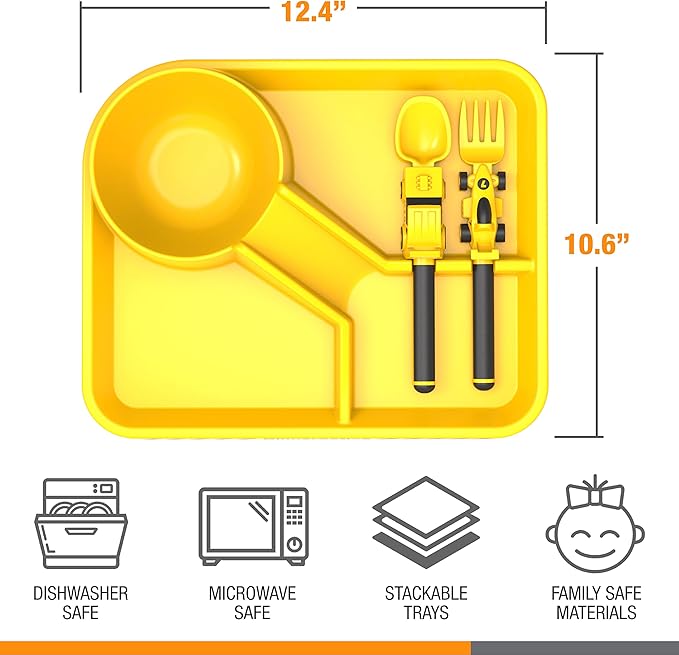 Dinneractive Dining Set for Kids - 3PC Yellow Race Car Dinnerware - Race Car Utensils - Toddler Plates - Baby Dishes