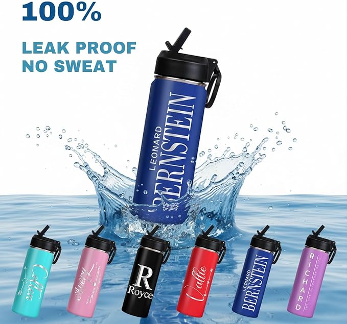 Ships from USA,Custom Water Bottle for Kids & Adults With Engraved Name,Spill Proof Personalized Insulated Stainless Steel Sports Water Bottle with Straw Lid,Personalized Christmas Gifts