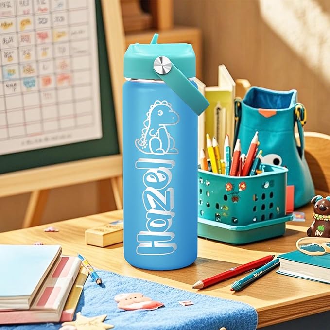 Personalized Kids Water Bottle with Name for School - Custom 18oz Water Bottle with Straw Lid Stainless Steel w/Engraved Names - Personalized Christmas Kids Gifts for Boys Girls kids (Engraved)