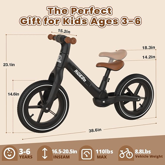 Ridego 14 Inch Balance Bike for Kids 3–6 Years, Lightweight Toddler Bike with Air Rubber Tires, Adjustable Seat, Durable Push Bicycle Gift for Boys & Girls
