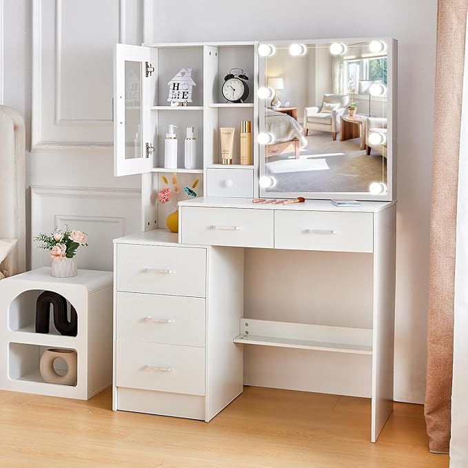 Large Vanity Desk with LED Lighted Mirror, 6 Drawers, 1 Door Cabinets, 6 Oppen and Hidden Shelves Makeup Table with Brightness Adjustable, Dressing Vanity Set for Girls