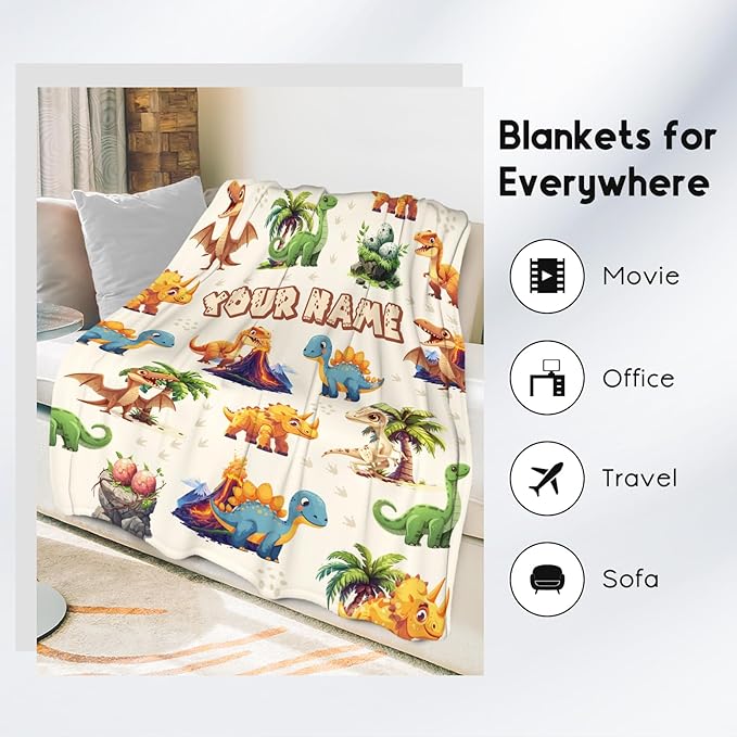 Personalized Kids Blankets for Boys Girls, Custom Dinosaur Blanket for Boys, Soft Fuzzy Flannel Throw Gifts Ideal, 50"x60" Kid Dinosaur Gift
