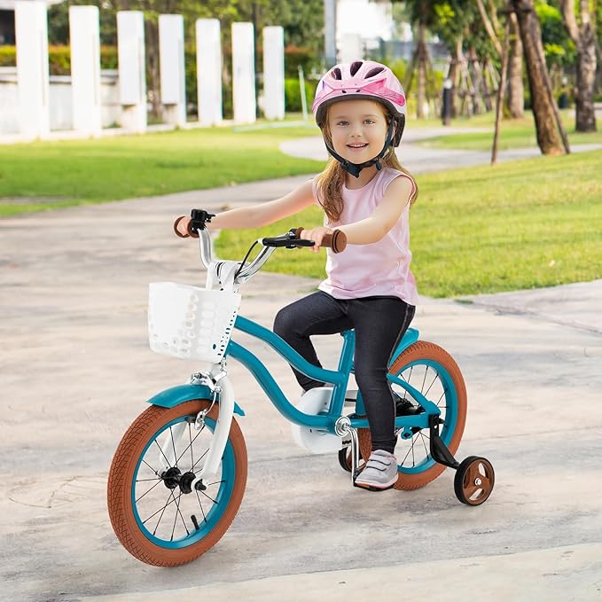 COSTWAY Kids Bike, 12 14 16 18 Inch Toddler Bike Children Bicycle w/Training Wheels, Hand & Coaster Brakes, Adjustable Saddle & Handlebar, Basket, Bell, Kids Bicycle for Girls Boys Aged 3-8 Years Old