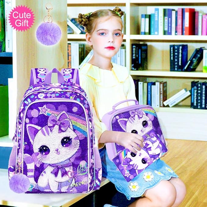CCJPX 16" Cat Backpack for Girls, 3Pcs Kids Preschool Bookbag, Cute Water Sequin Resistant School Bag for Teen Kindergarten Toddler (Purple)