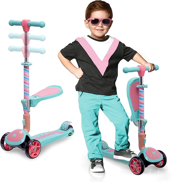 SKIDEE Kick Scooters for Kids Ages 3-5, Adjustable Height Foldable Scooter with Removable Seat, 3 LED Light Wheels, Rear Brake, Wide Standing Board, Suitable Up to 12 Year Old Boys/Girls