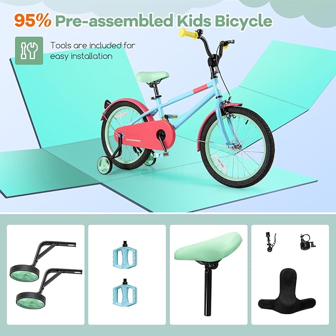 BABY JOY Colorful Macarons Kids Bike, 12 14 16 18 Inch Sporty Children's Bicycle with Training Wheels, Adjustable Handlebar & Saddle, Handbrake & Coaster Brake, Boys Girls Bike for 3-8 Years Old