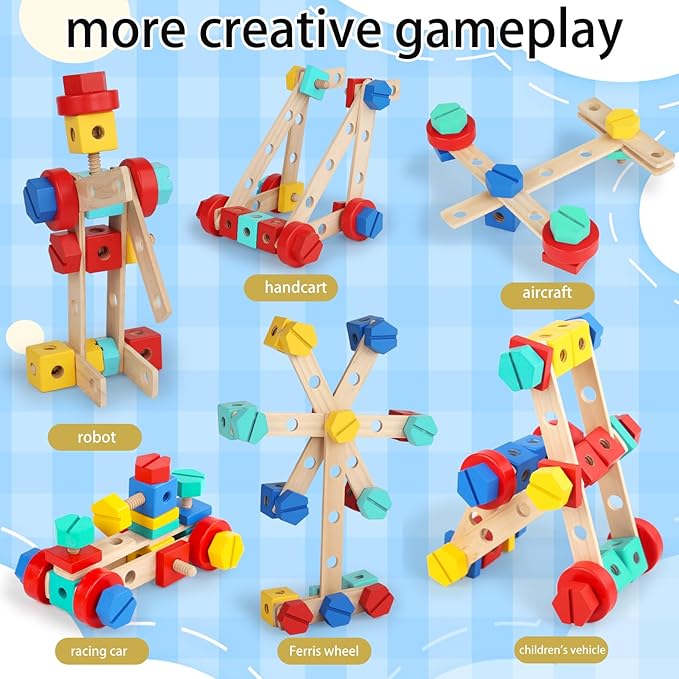 Wooden Nut & Bolt Building Toy for Kids Montessori STEM Construction Set with Tools, Educational Building Blocks for Toddlers Ages 3+ (Boys & Girls)
