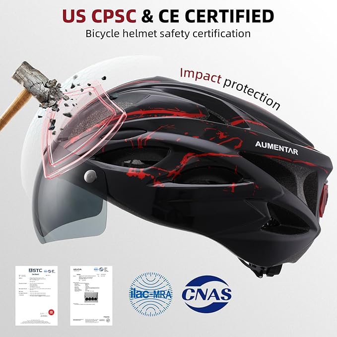 Adult Bike Helmet, Bicycle Helmet with Rear LED Light & Detachable Magnetic Goggles, CPSC/CE Certified Cycling Helmet Adjustable for Men Women Mountain & Road