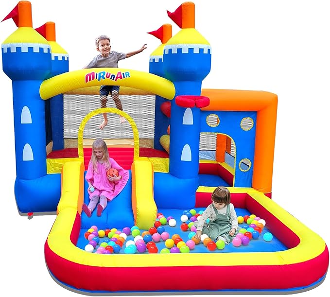 Inflatable Bounce House, Bouncy House for Kids 3-10 Ages, Jumping Castle with Air Blower,Carry Bag, Ball Pit, Basketball Hoop, Slide